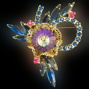 Vtg Juliana D&E Rivoli Watermelon Margarita Rhinestone Filigree Flower Brooch